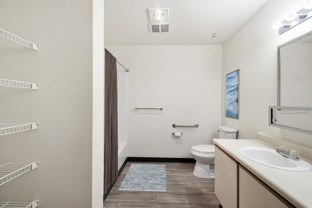 A bathroom with a toilet, sink, and a mirror.